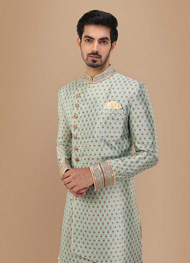 alt message - Manyavar Men Precious Green Indo Western Set image number 0